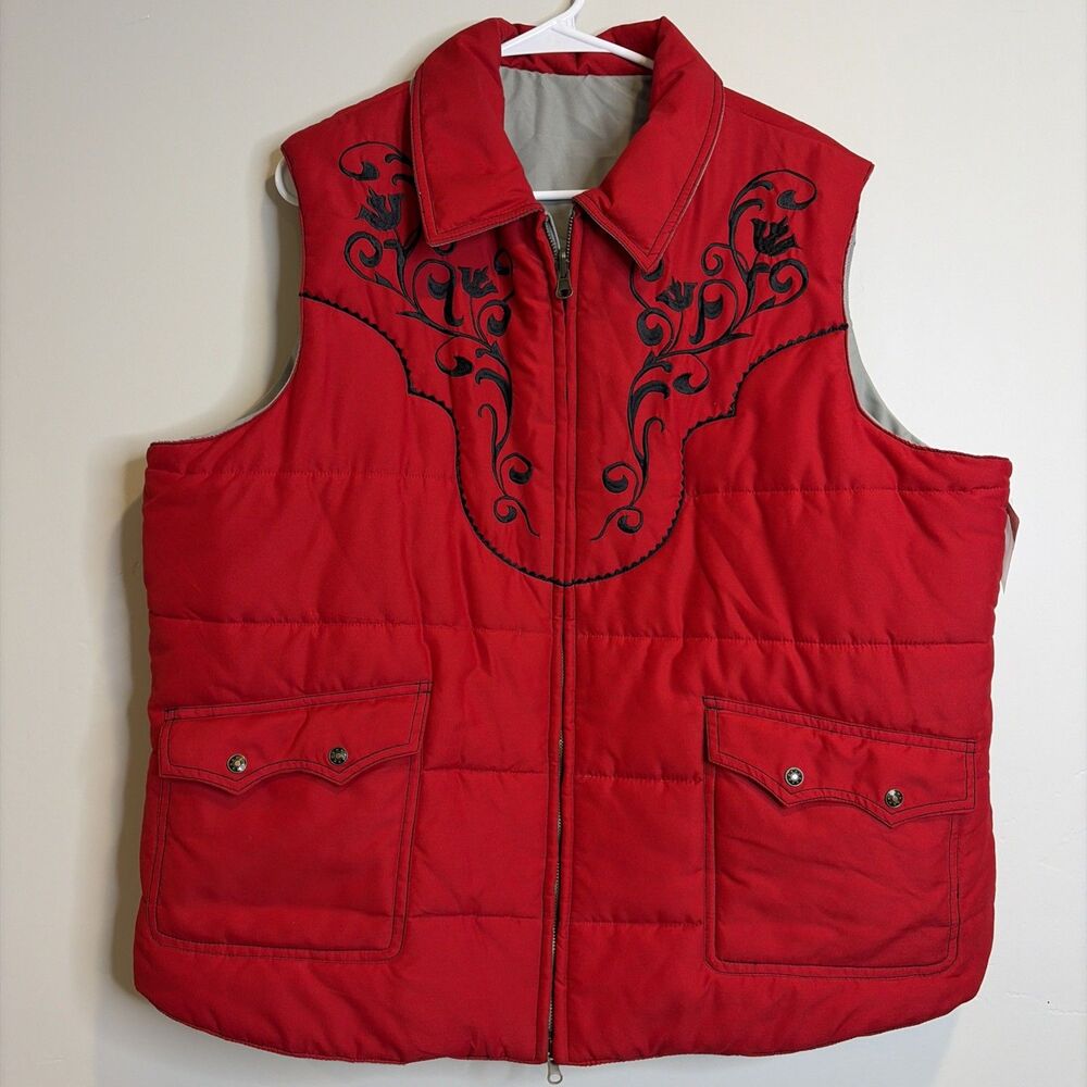 Roper Puffer Vest Sz 2X Women’s Reversible Red Black Gray Quilted Grandmacore